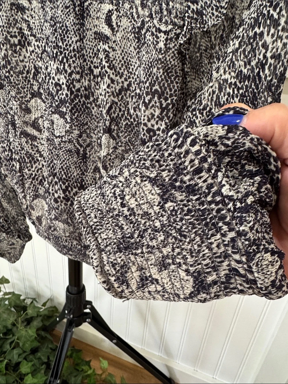 #595 FREE PEOPLE Roma Sheer Smocked-Neck Animal Print Blouse - Black & White